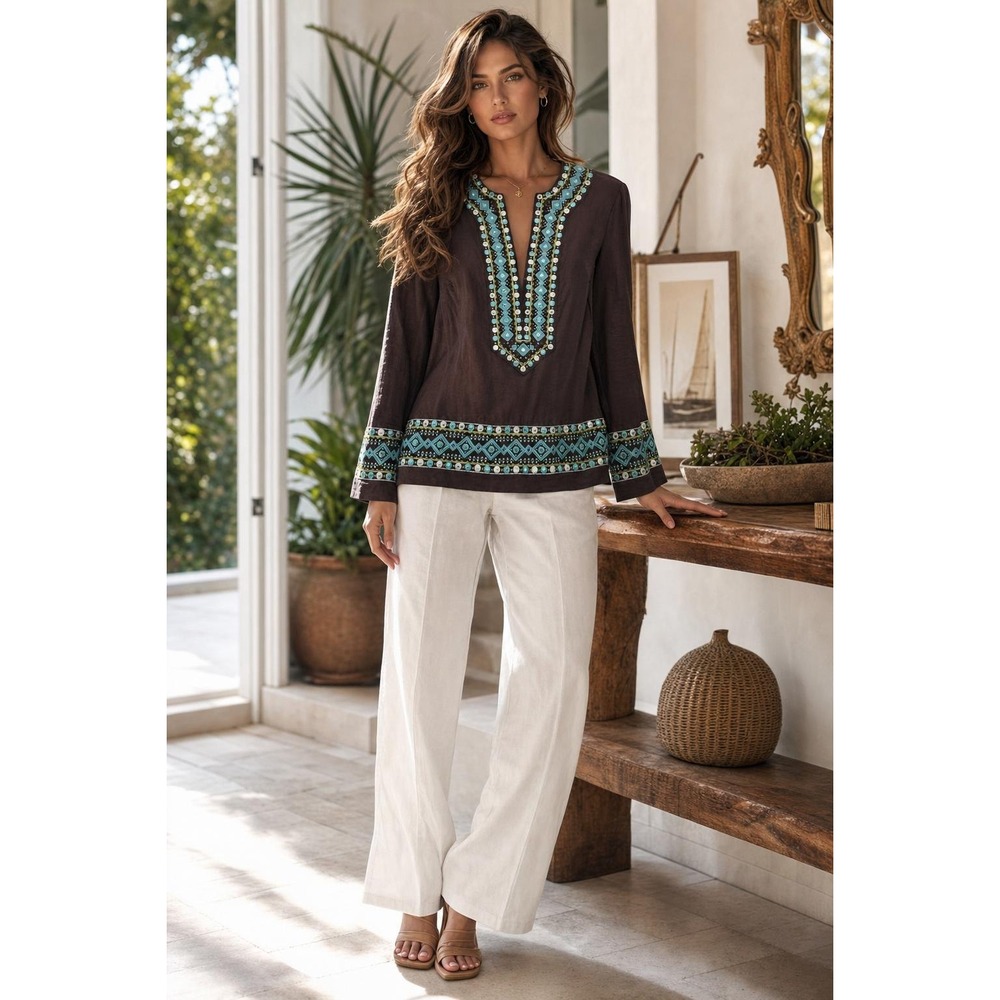 Tory Burch Tunic Women 2 Brown Boho Coastal Festival Embroidered Blue Resortwear
